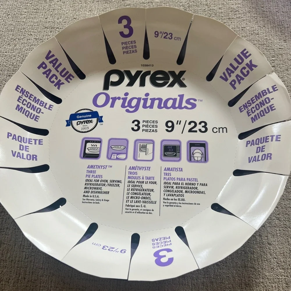 Pyrex Originals Amethyst 9 Inch Glass Pie Plate Set 3 Piece Purple 1038413